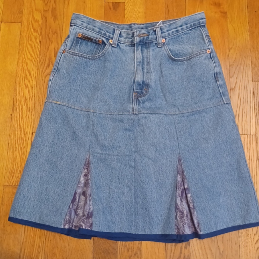 Vtg 90s Calvin Klein Denim Jean Tapestry Patchwork Maxi Skirt  Sz 12
